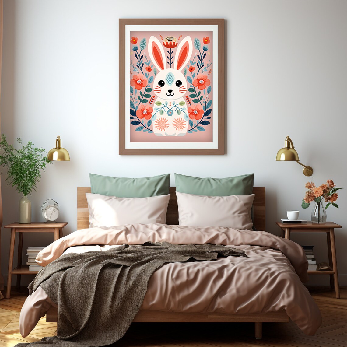 Cute Folk Art Bunny Rabbit Pink Floral Nursery Kids Room Art Print - Image 5