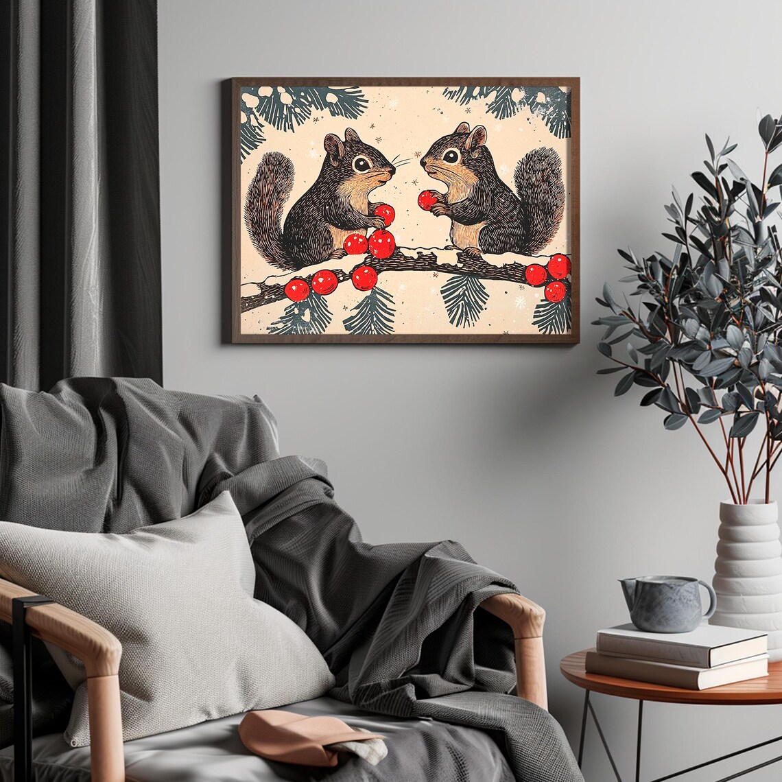 Two Squirrels Red Berries Snowy Branch Vintage Christmas Art Print - Image 4