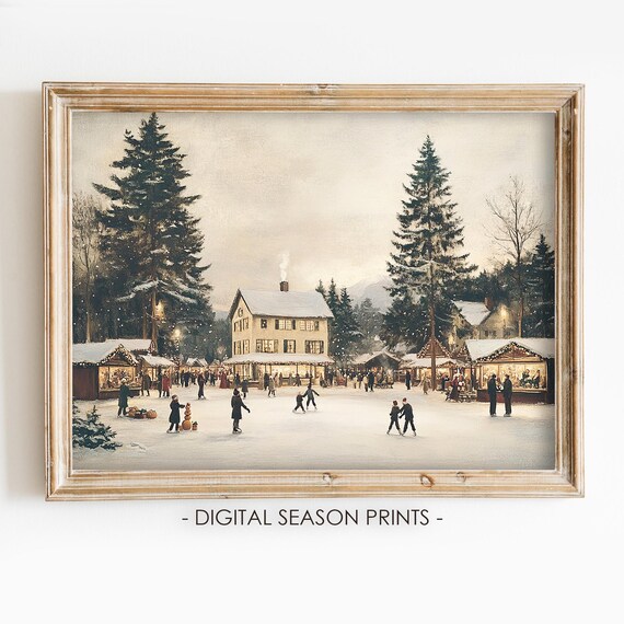 Winter Market Square Ice Skaters Vintage Holiday Scene Poster