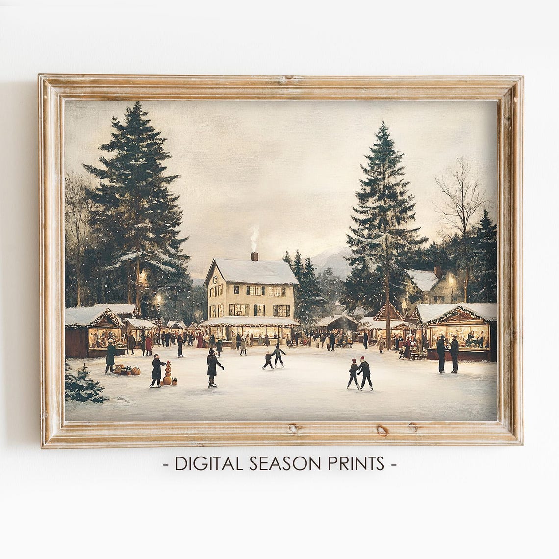 Vintage Ice Skating Print Winter City Town Wall Art Wonderland Village Painting Snowy Village Landscape