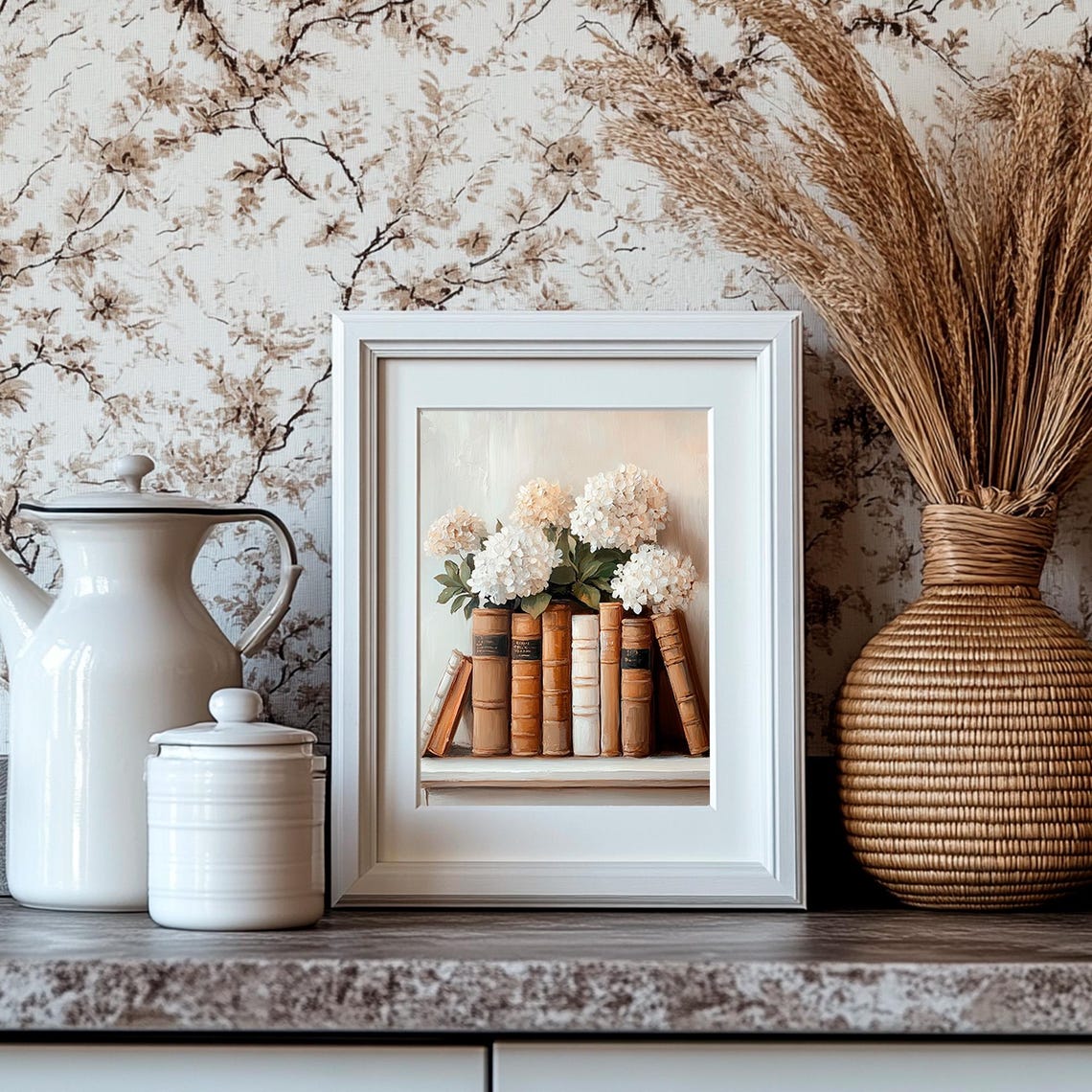 Vintage Books with White Hydrangeas Rustic Shelf Painting Poster - Image 4