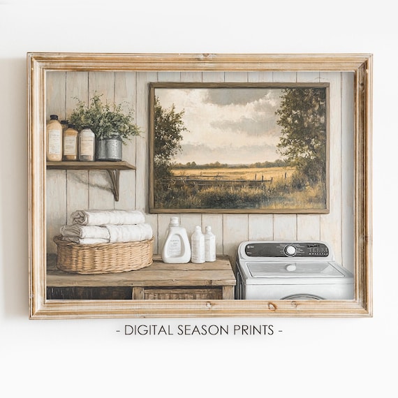 Farmhouse Laundry Room Washing Machine Framed Landscape Poster