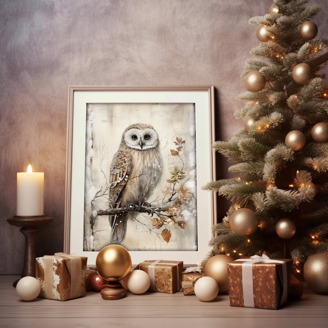 Vintage Winter Owl Perched On A Snow Dusted Branch Painting Poster - Image 2