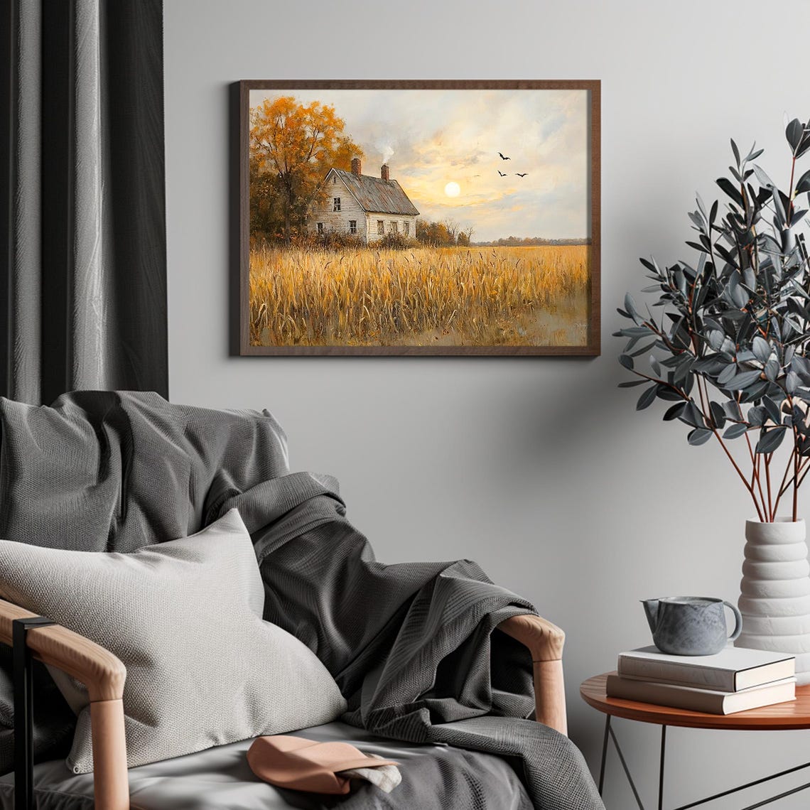 Country Farmhouse In A Golden Wheat Field At Sunset Painting Poster - Image 4