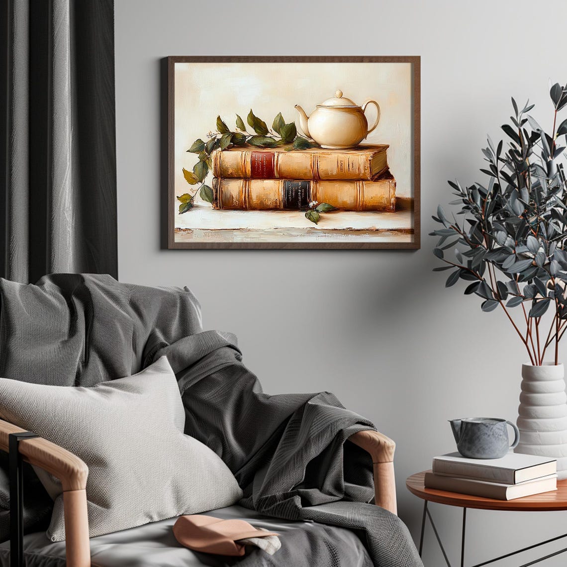 White Teapot Resting On Stacked Antique Books With Greenery Poster - Image 4