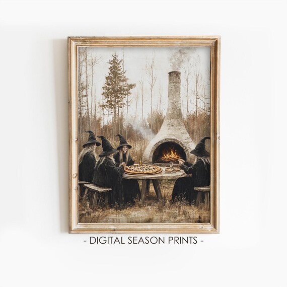 Witches Eating Pizza Outdoor Fireplace Halloween Cottagecore Art Poster
