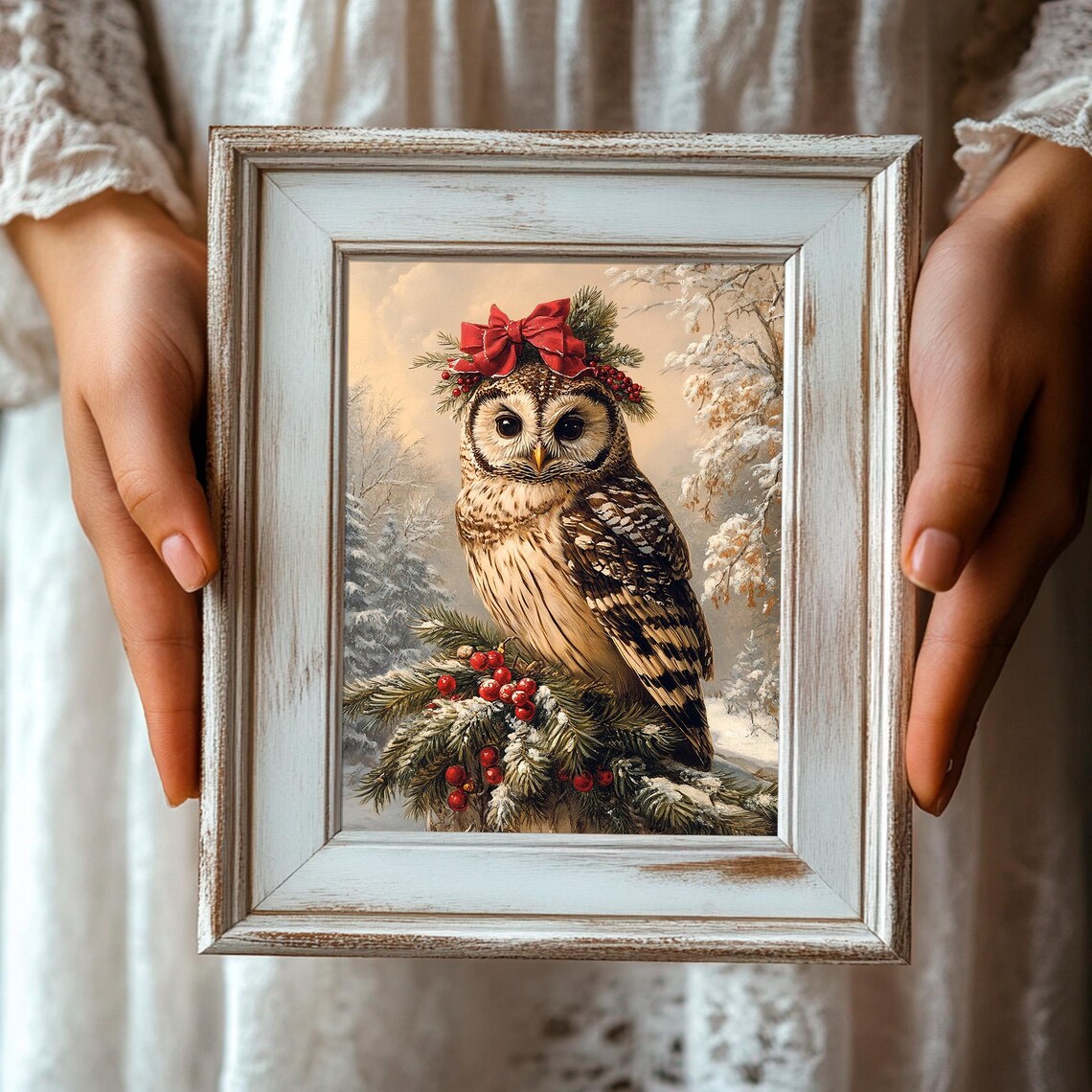 Christmas Owl With Red Bow And Berries Snowy Vintage Winter Print - Image 3