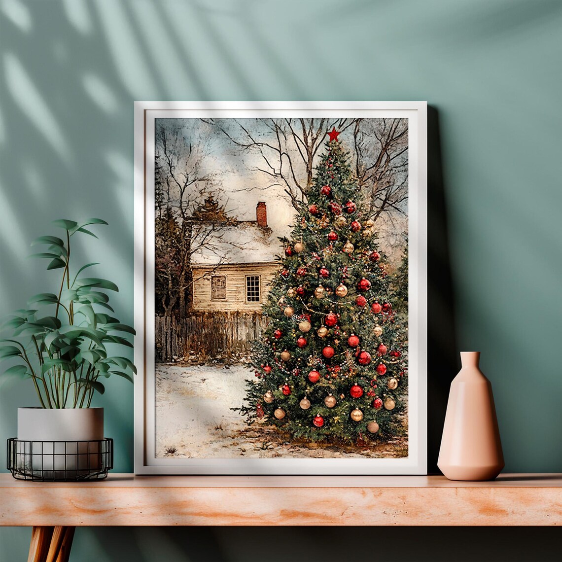 Outdoor Christmas Tree in Front of a Snowy Farmhouse Vintage Poster - Image 2