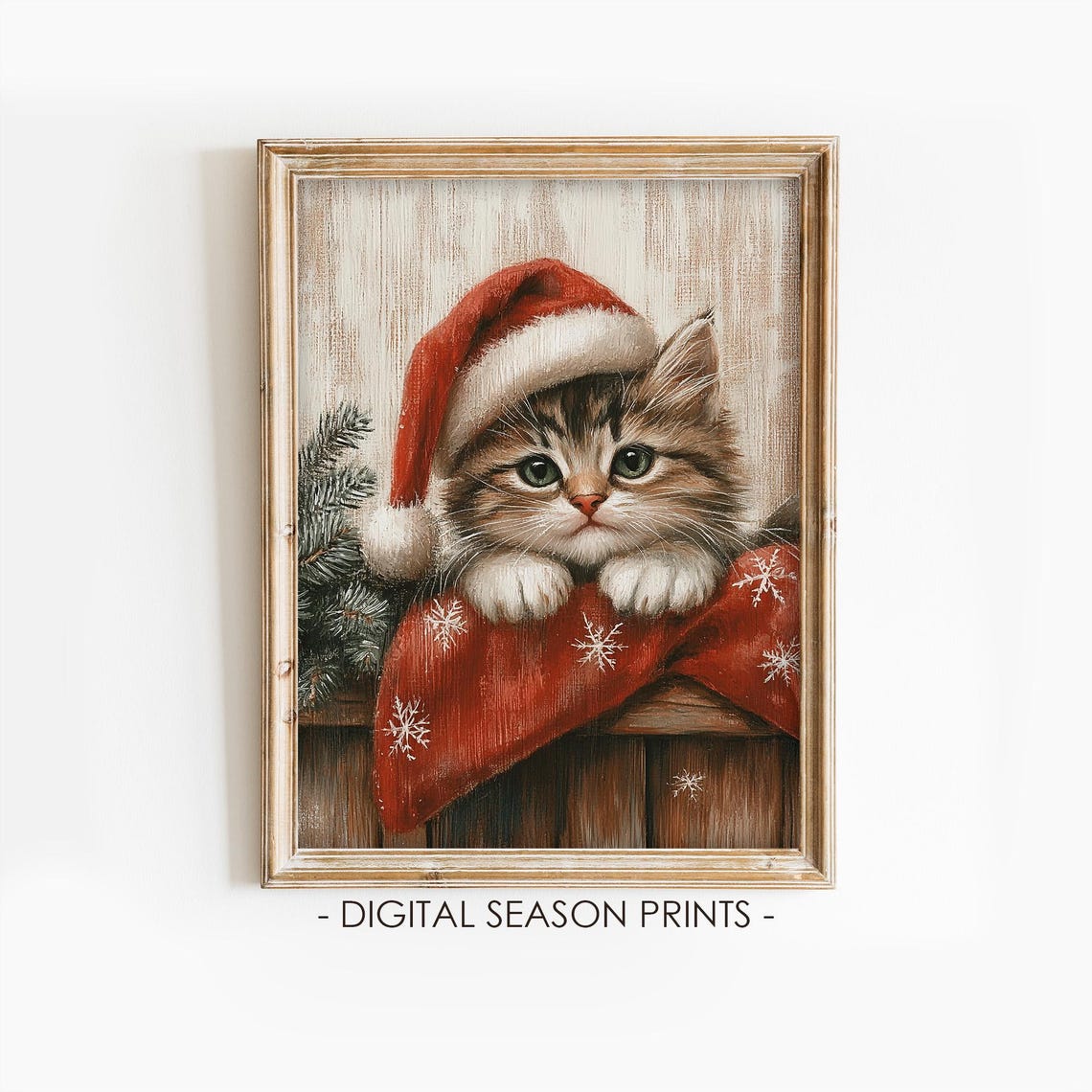 Tabby Kitten in a Santa Hat Peeking Over a Red Stocking Poster