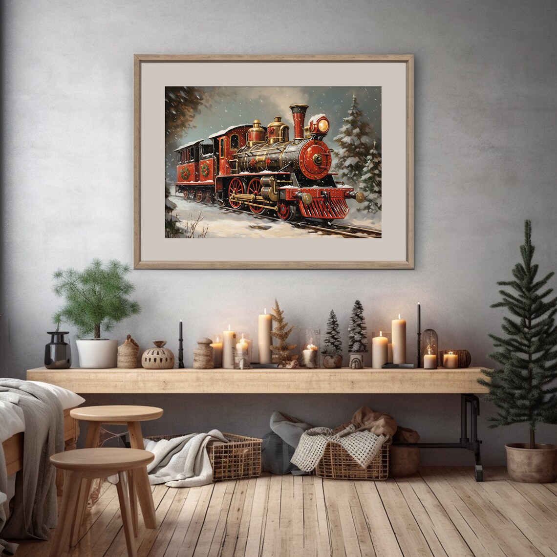 Red Vintage Steam Train with Wreaths Snowy Christmas Painting Poster - Image 3