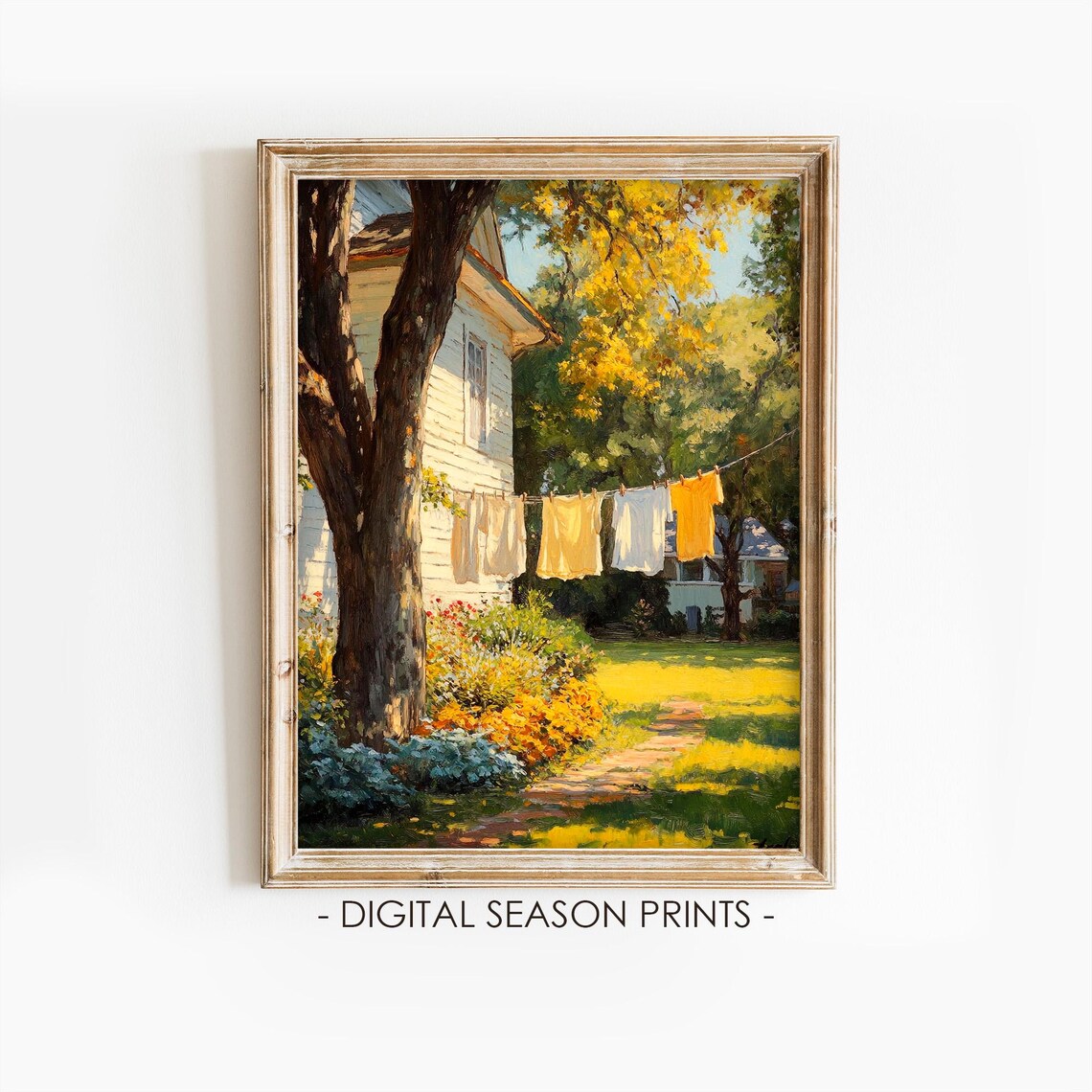 Sunlit White Farmhouse Clothesline in a Golden Summer Garden Print
