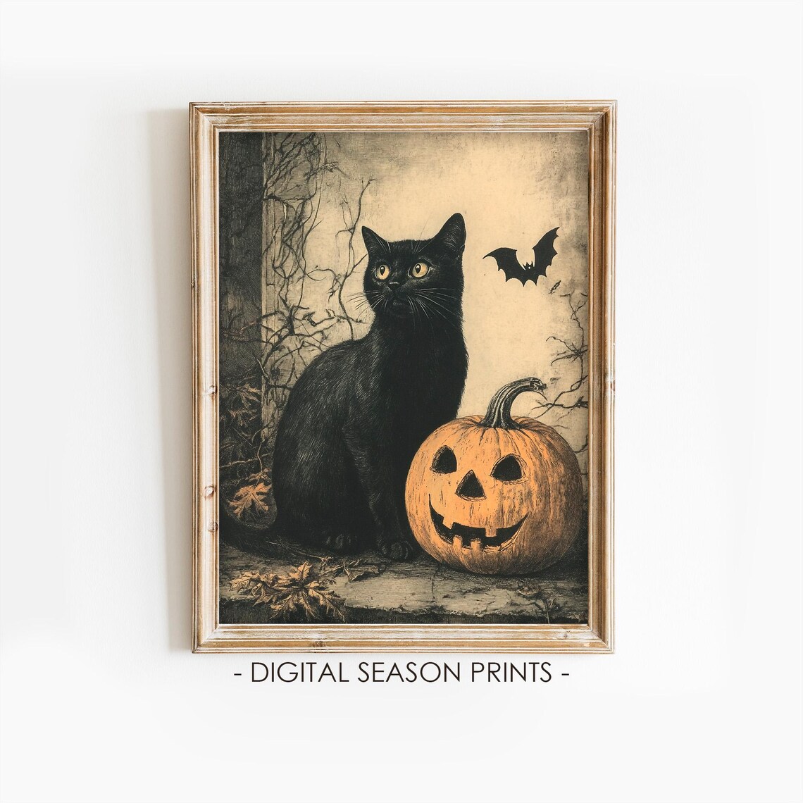 Black Cat Jack O Lantern Bat Vintage Halloween Spooky Art Poster