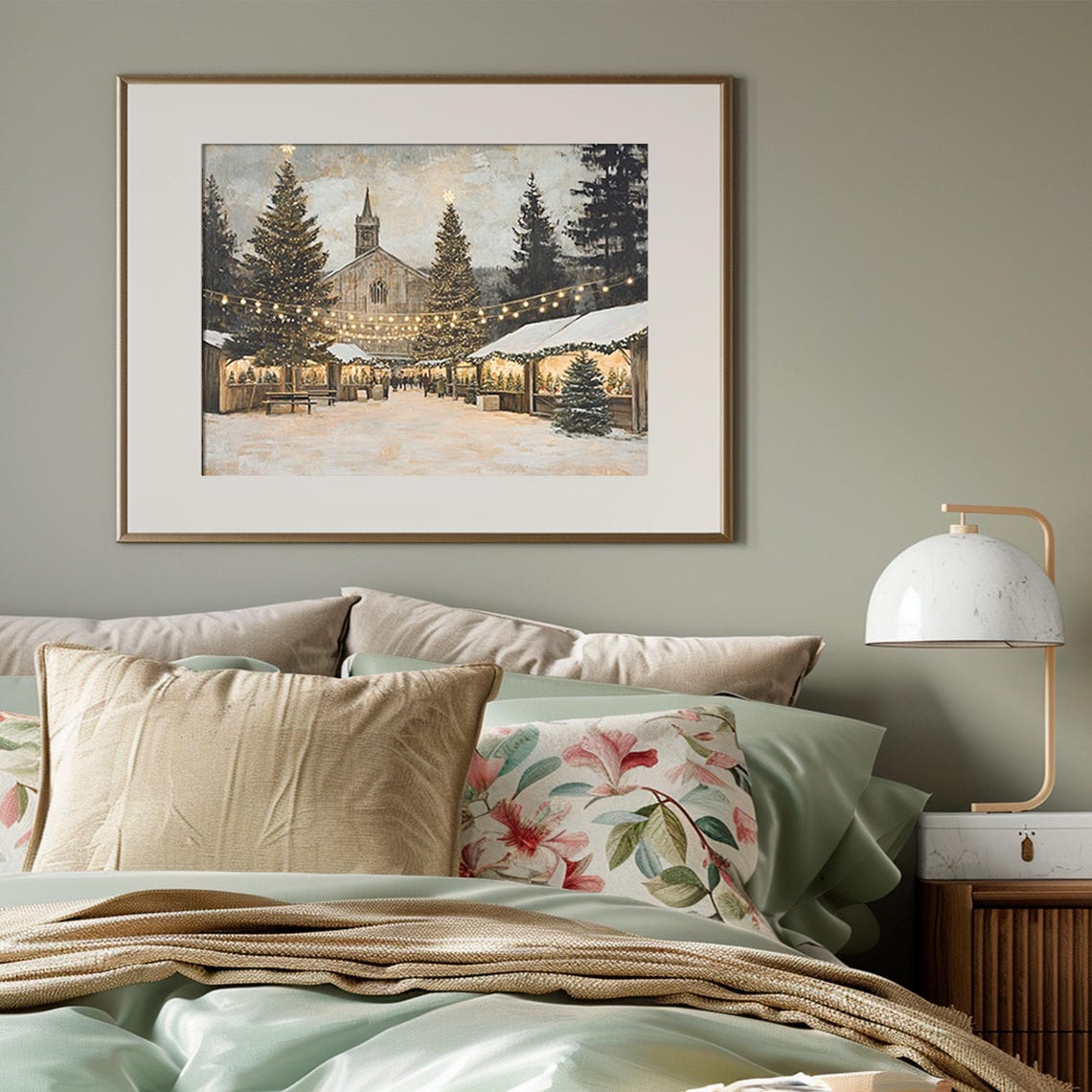 Christmas Market Vintage Christmas Town With Gothic Church Print Christmas Village Wall Art Winter Painting - Image 3