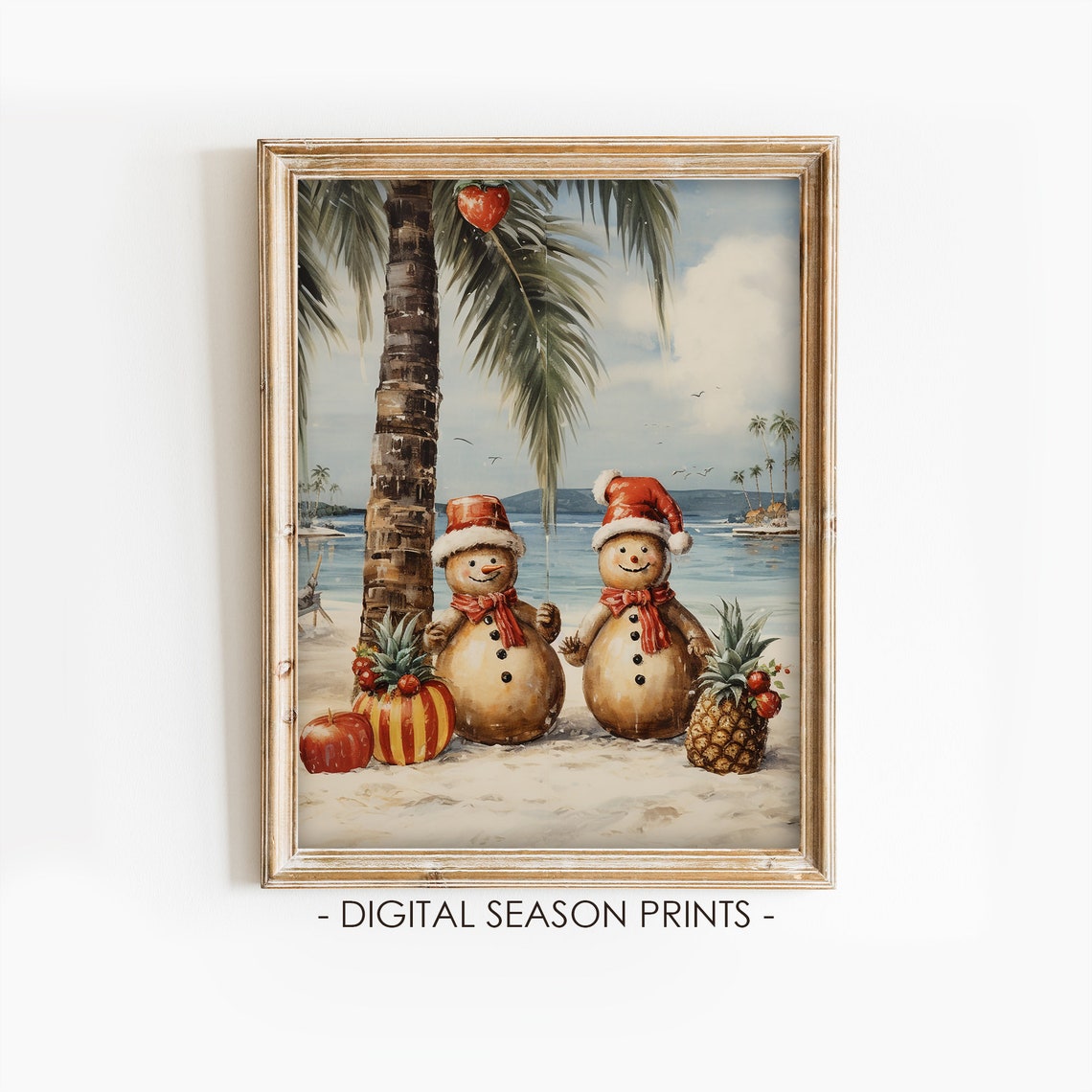 Snowmen on Tropical Beach Palm Trees Fun Christmas Holiday Poster