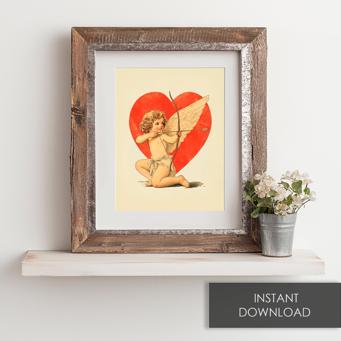 Sweet Vintage Cupid with Bow and Arrow Before a Big Red Heart Print - Image 6