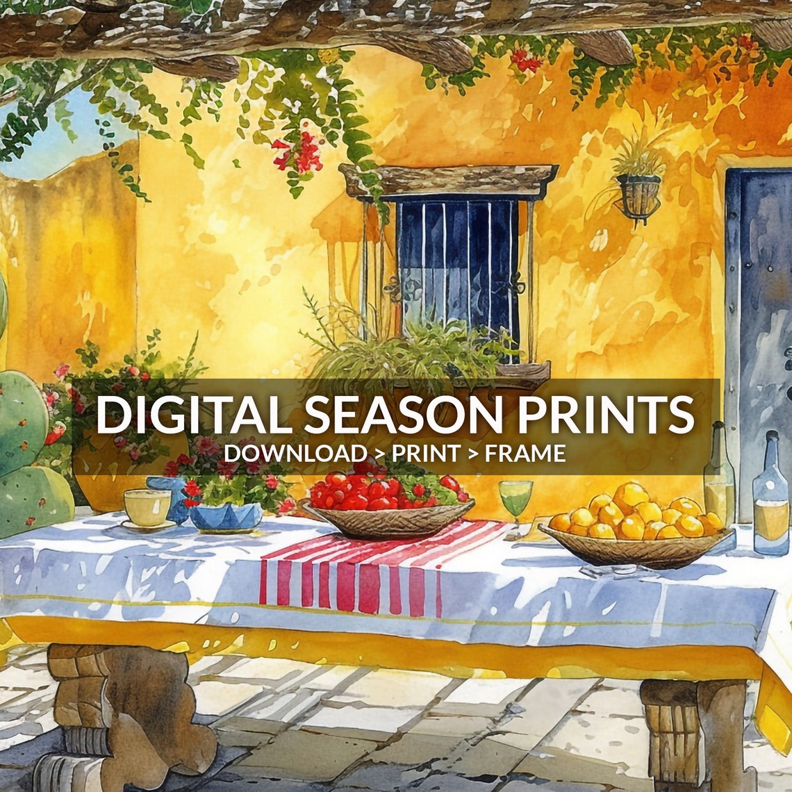 Sunny Mexican Courtyard with Cactus and Fruit Table Watercolor Poster - Image 6