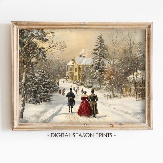 Victorian Couple Snowy Manor Estate Winter Walk Scene Poster