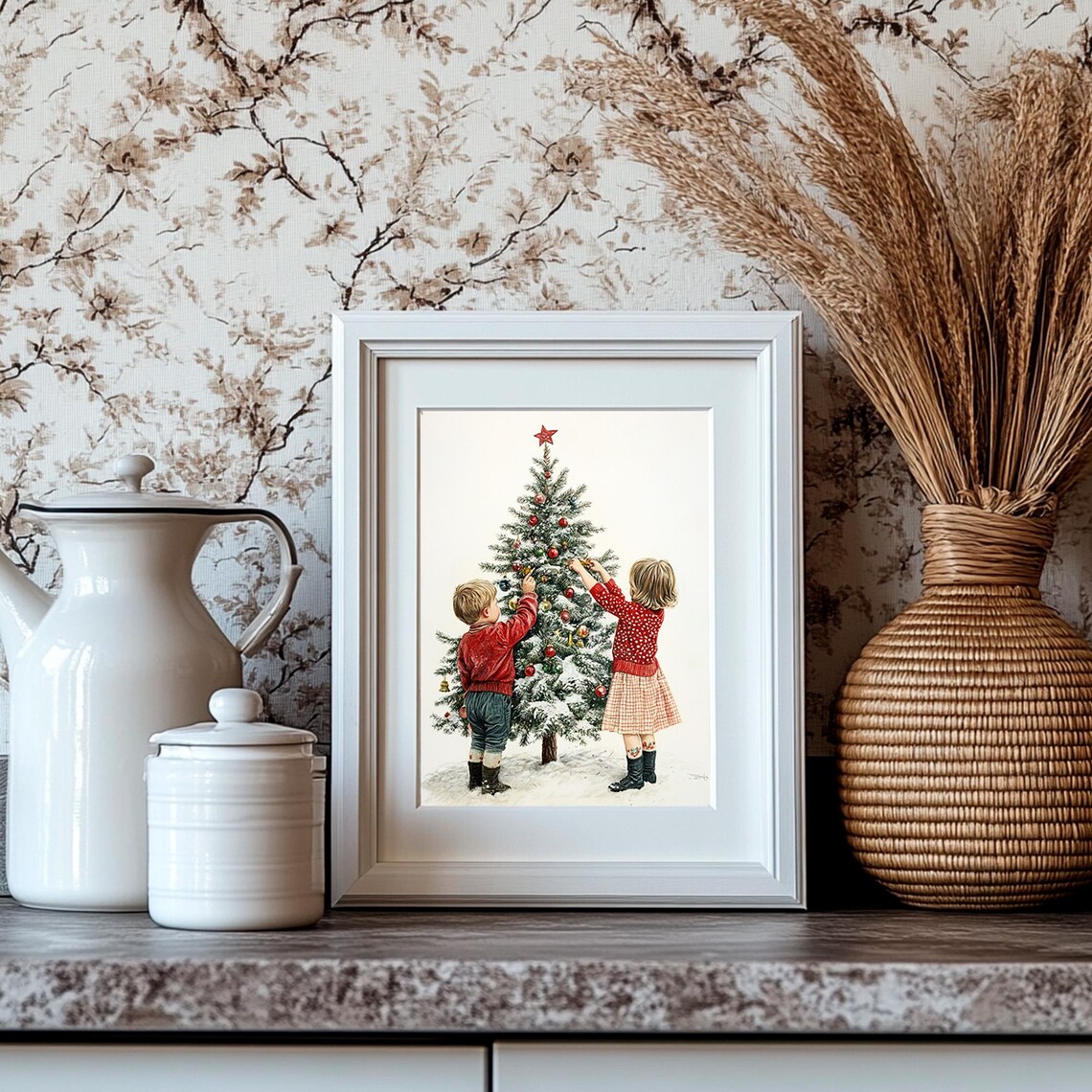 Vintage Children Decorating Christmas Tree Snowy Holiday Scene Print - Image 4