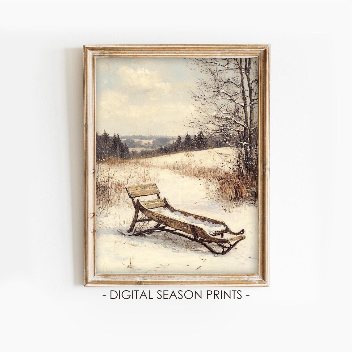Antique Wooden Sled Snowy Field Vintage Winter Scene Art Poster