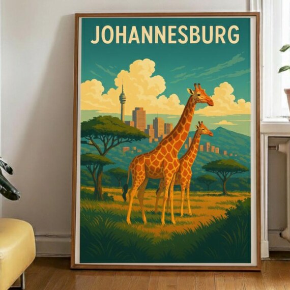 Johannesburg South Africa Giraffes Vintage Safari Travel Poster