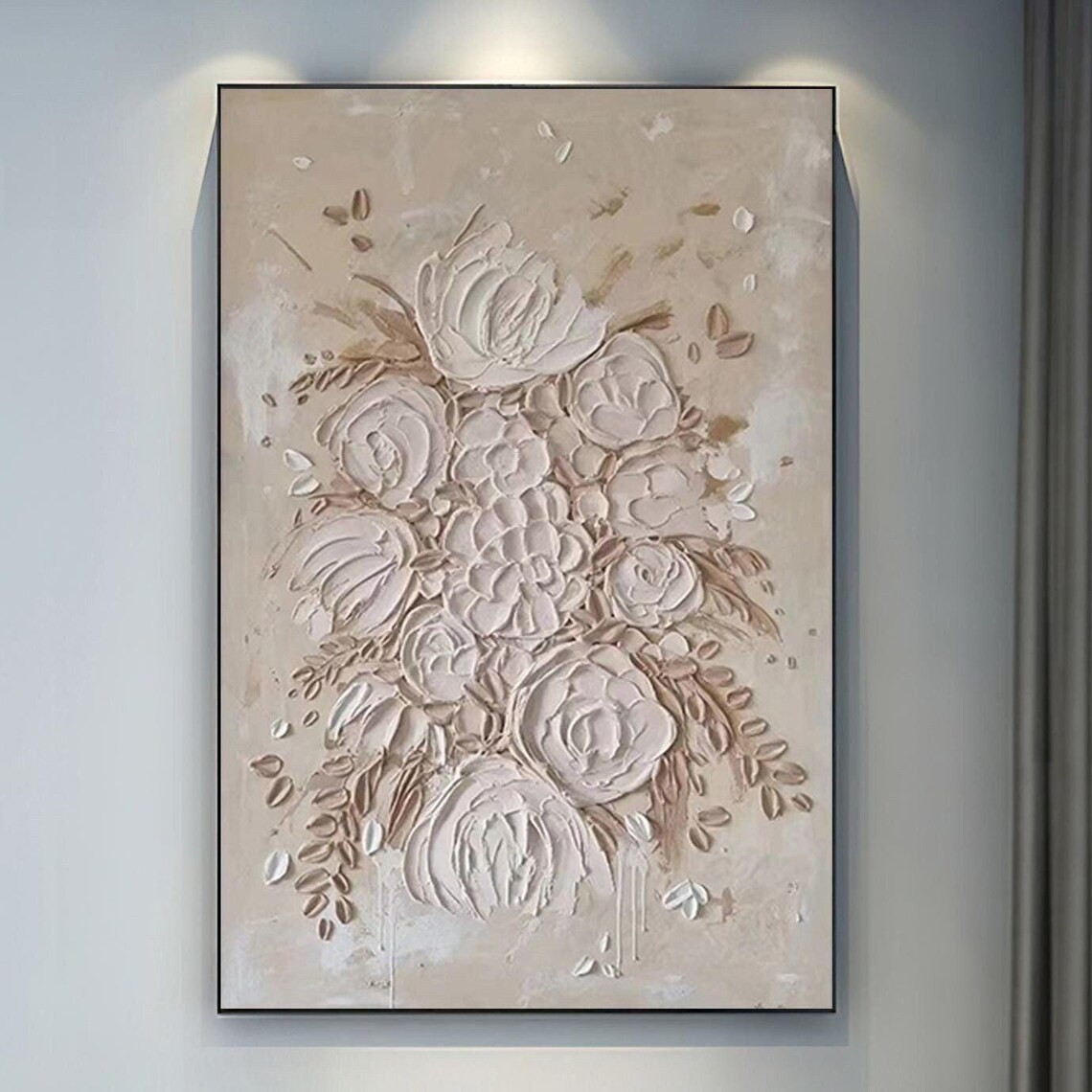 Beige 3D Textured Roses Bouquet Minimalist Floral Oil Painting Poster