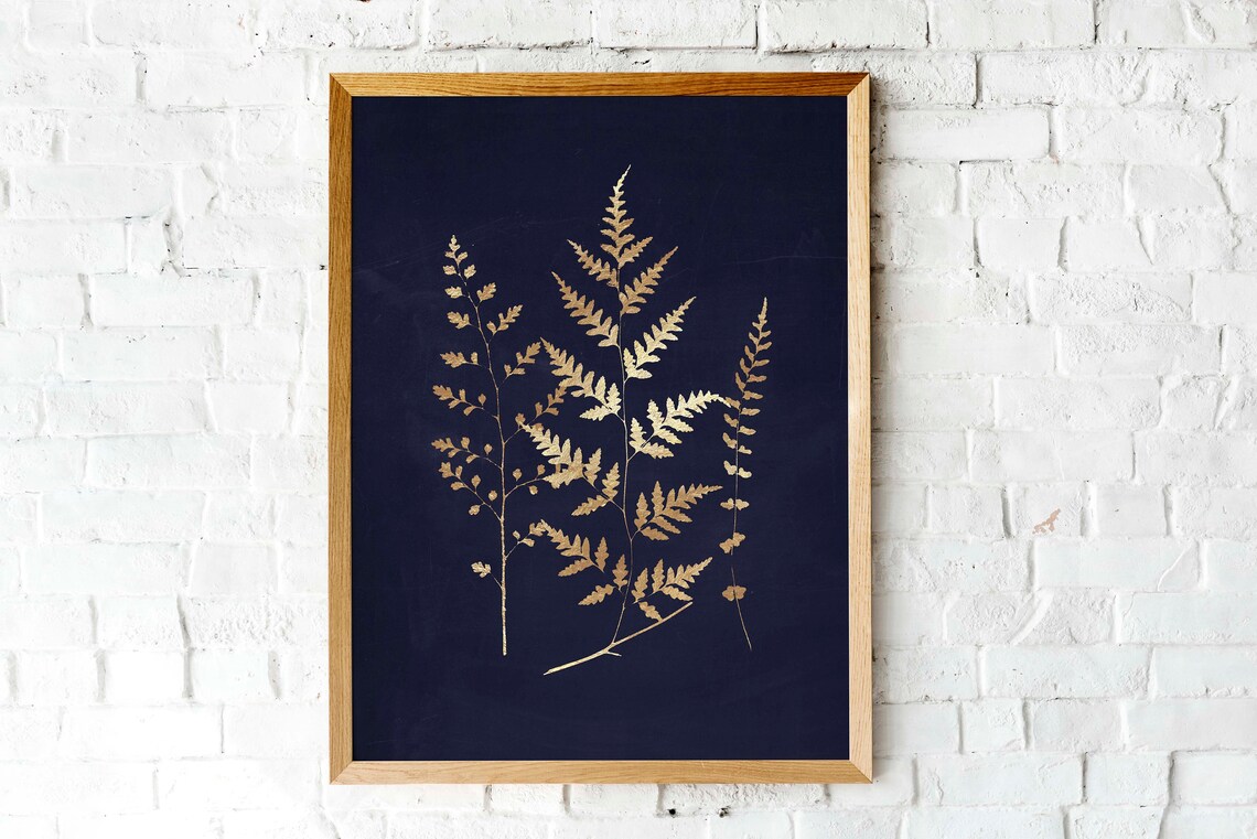 Gold Fern Fronds Dark Navy Botanical Watercolor Trio Art Print