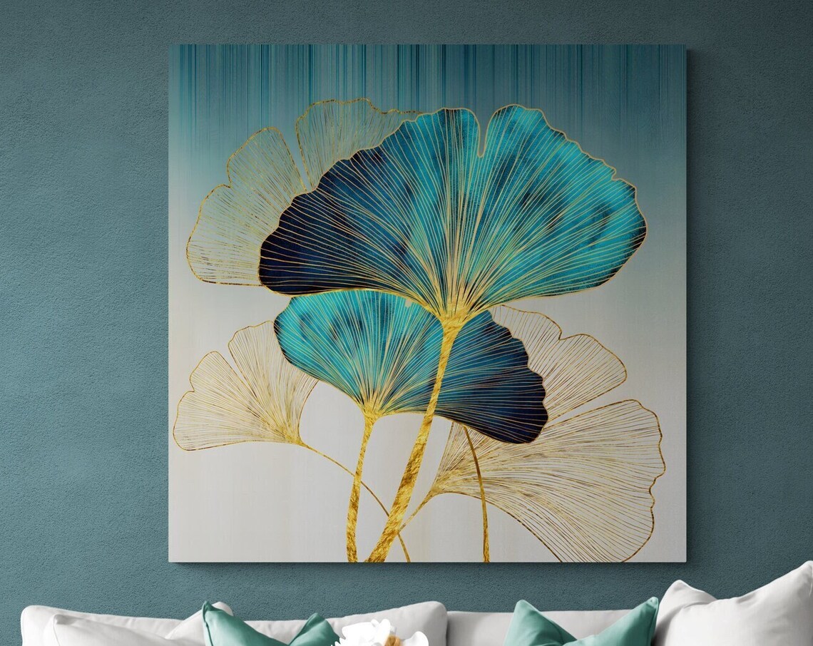 Ginkgo Flower Art Print, Gold Blue Botanical Design - Image 3