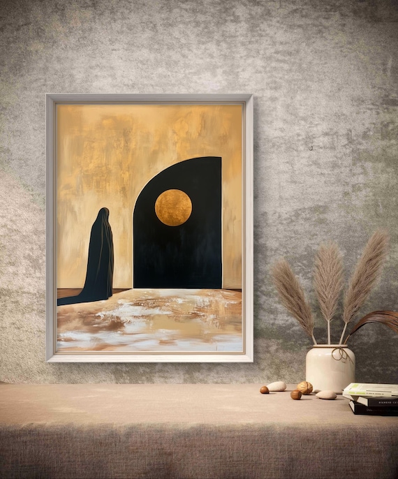 Veiled Woman Beneath Golden Moon Arch Minimalist Islamic Art Poster