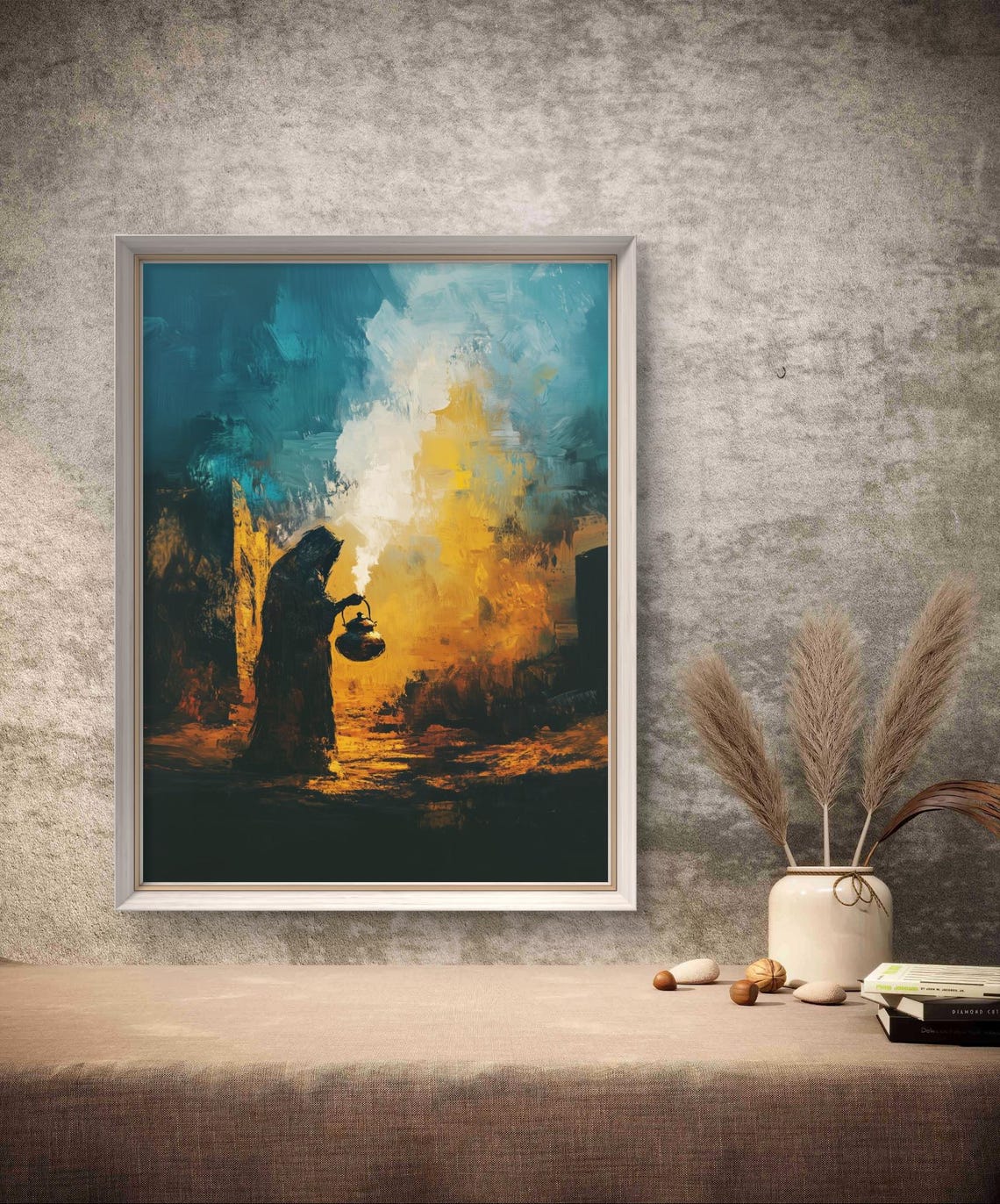 Mystical Arabian Woman Lantern Art Teal Gold Desert Print