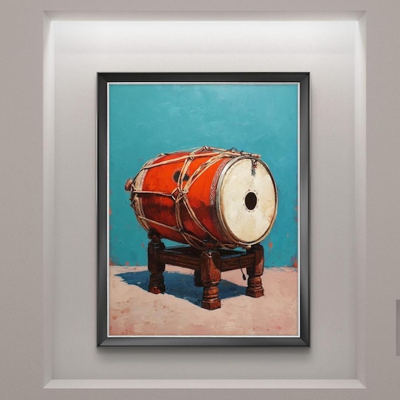 Red Dhol Drum Turquoise Background Folk Music Oil Painting Wall Poster