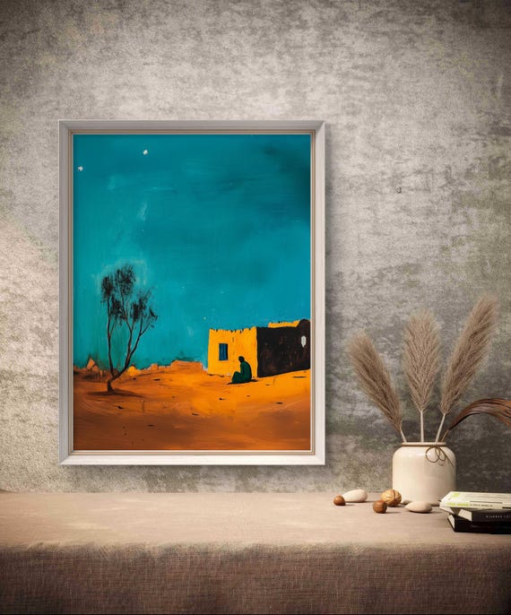 Vintage Punjab Desert Art Print Minimalist Mud House Landscape