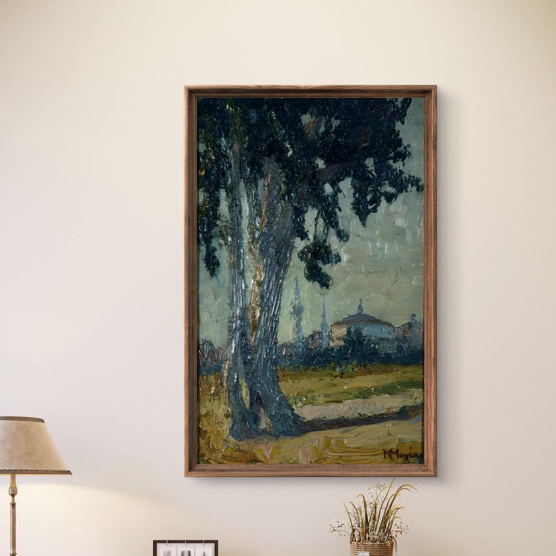 Ottoman Landscape Painting Cypress Trees Minarets