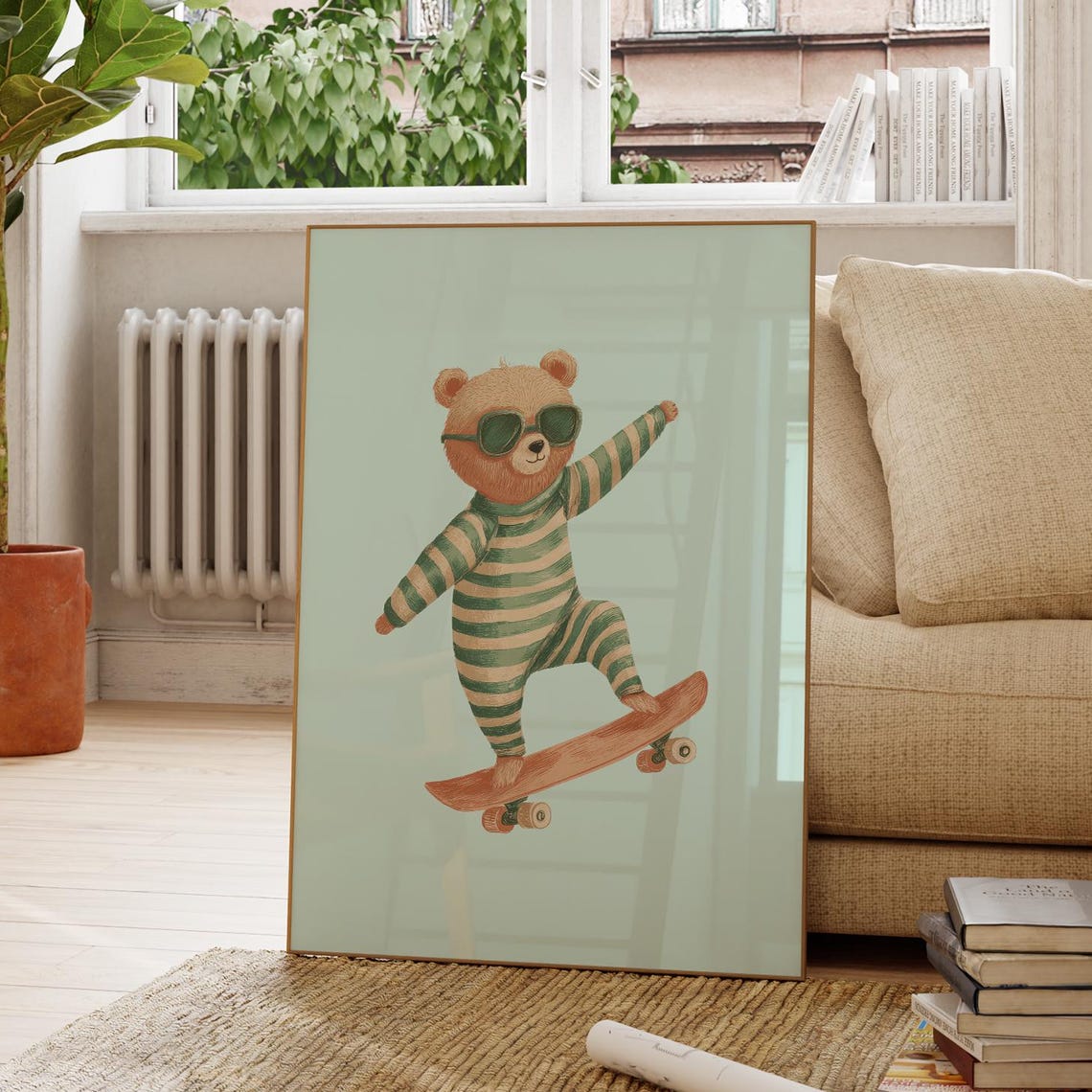 Skater Bear Striped Outfit Sunglasses Cool Nursery Animal Poster