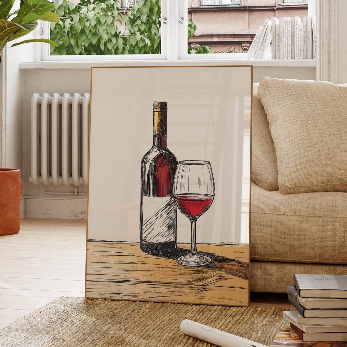 Red Wine Bottle Glass Sketch Poster Bar Kitchen Rustic Line Art Decor