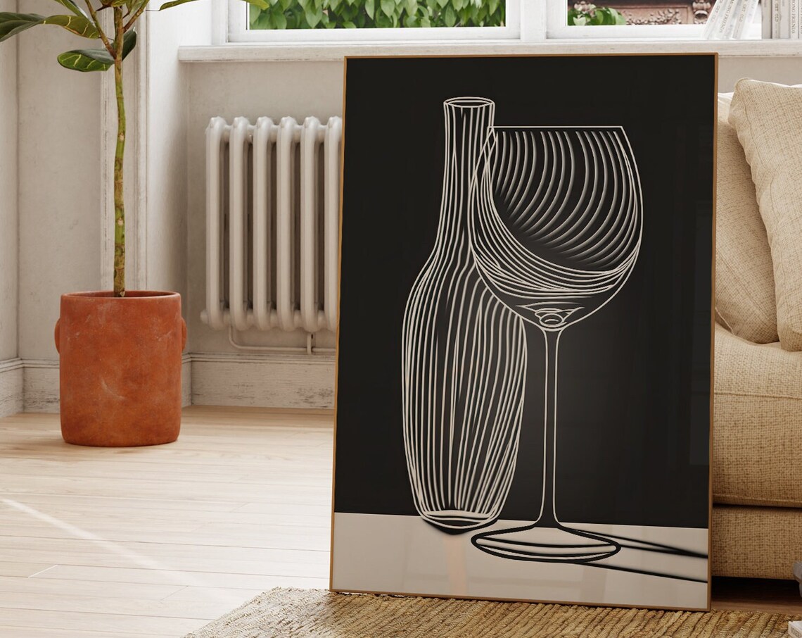Minimalist Wine Motif Art Print, Black And White