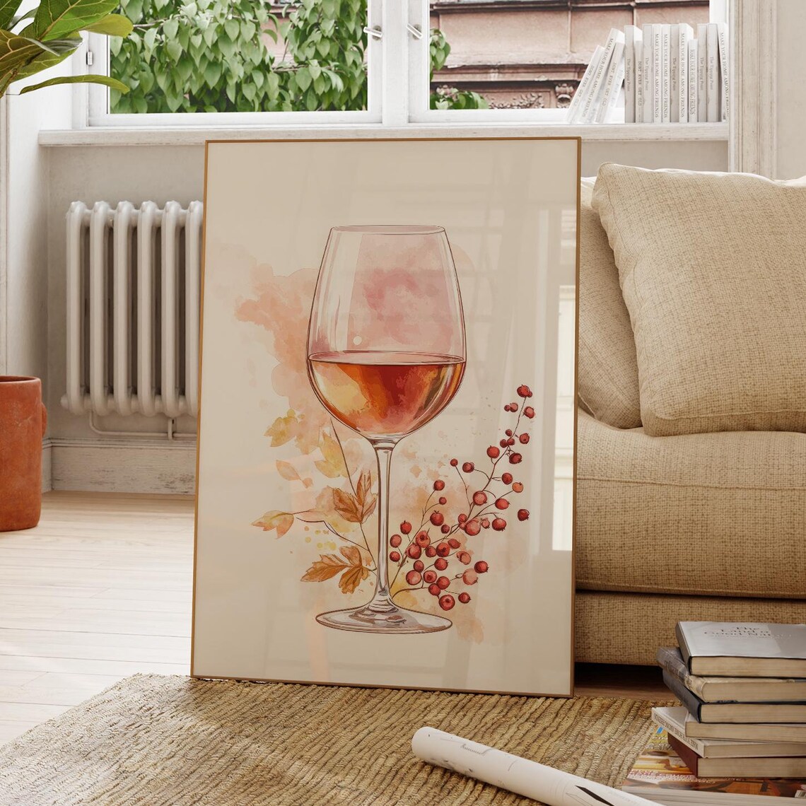 Watercolor Rose Wine Glass with Red Berries Autumn Art Poster