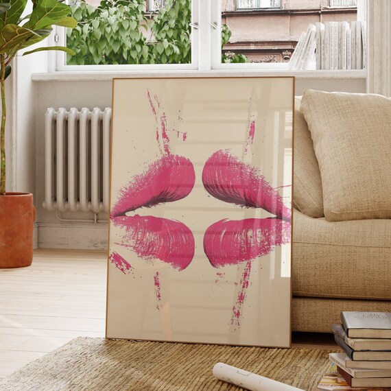 Pink Lipstick Kiss Mark Poster Bold Lips Pop Art Makeup Wall Decor