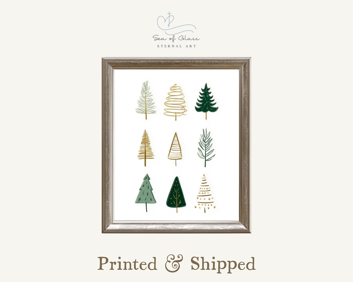 Nine Minimalist Christmas Trees Green Gold Modern Holiday Botanical Poster