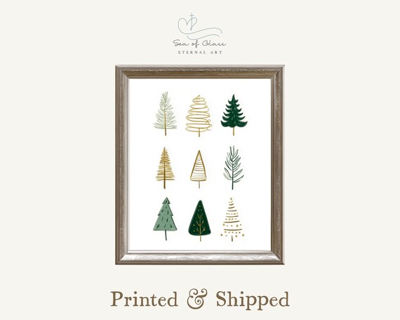 Nine Minimalist Christmas Trees Green Gold Modern Holiday Botanical Poster