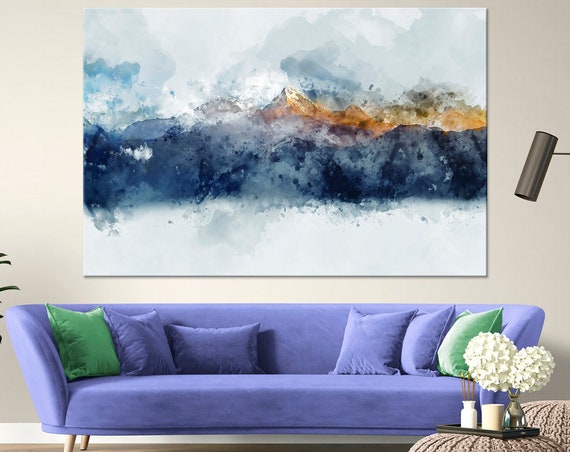Abstract Mountain Print Landscape Wall Art Blue Blue Mountains Art Living Room Decor Extra Large Wall Art Golden Peak
