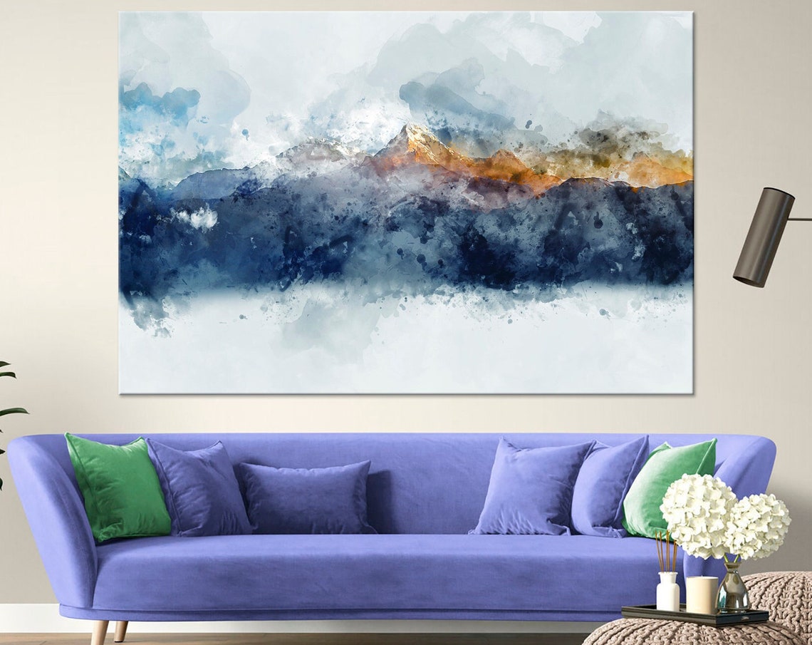 Blue Abstract Mountain Watercolor Sunlit Golden Peak Modern Poster