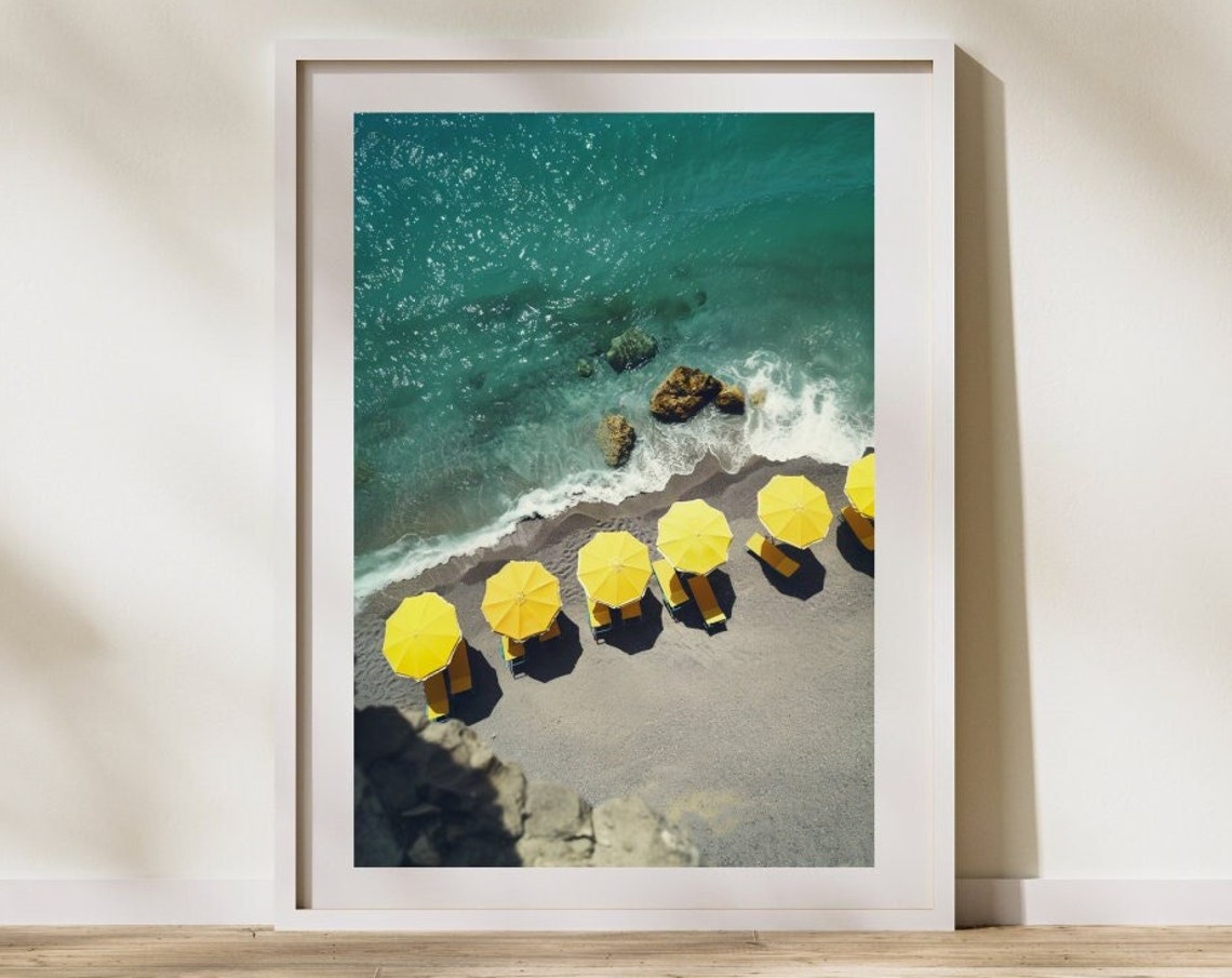 Yellow Beach Umbrellas Aerial Photography Turquoise Ocean Poster