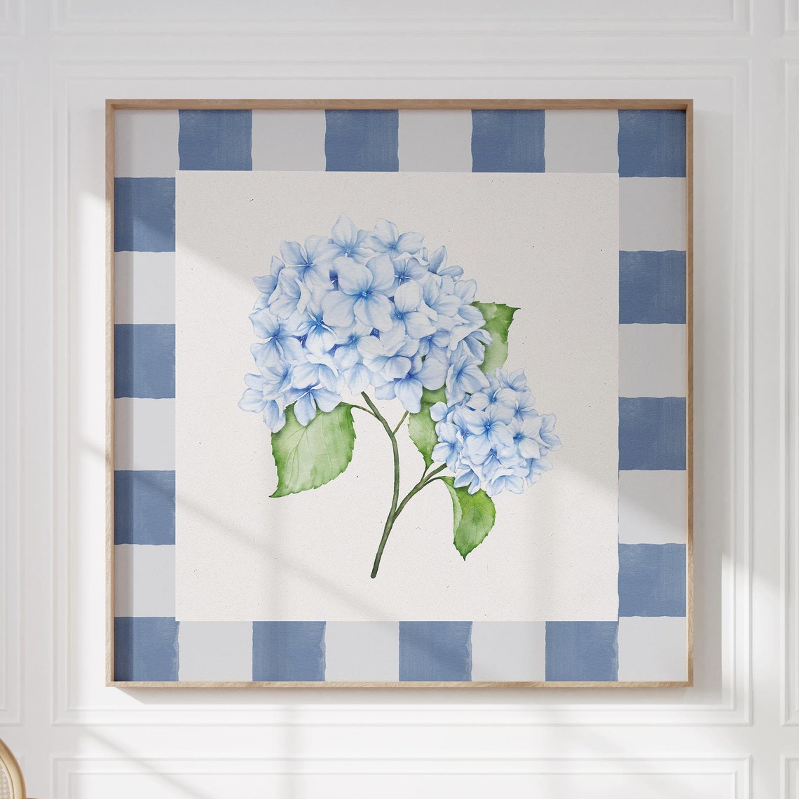 Blue Hydrangea Watercolor Branch Striped Gingham Border Poster