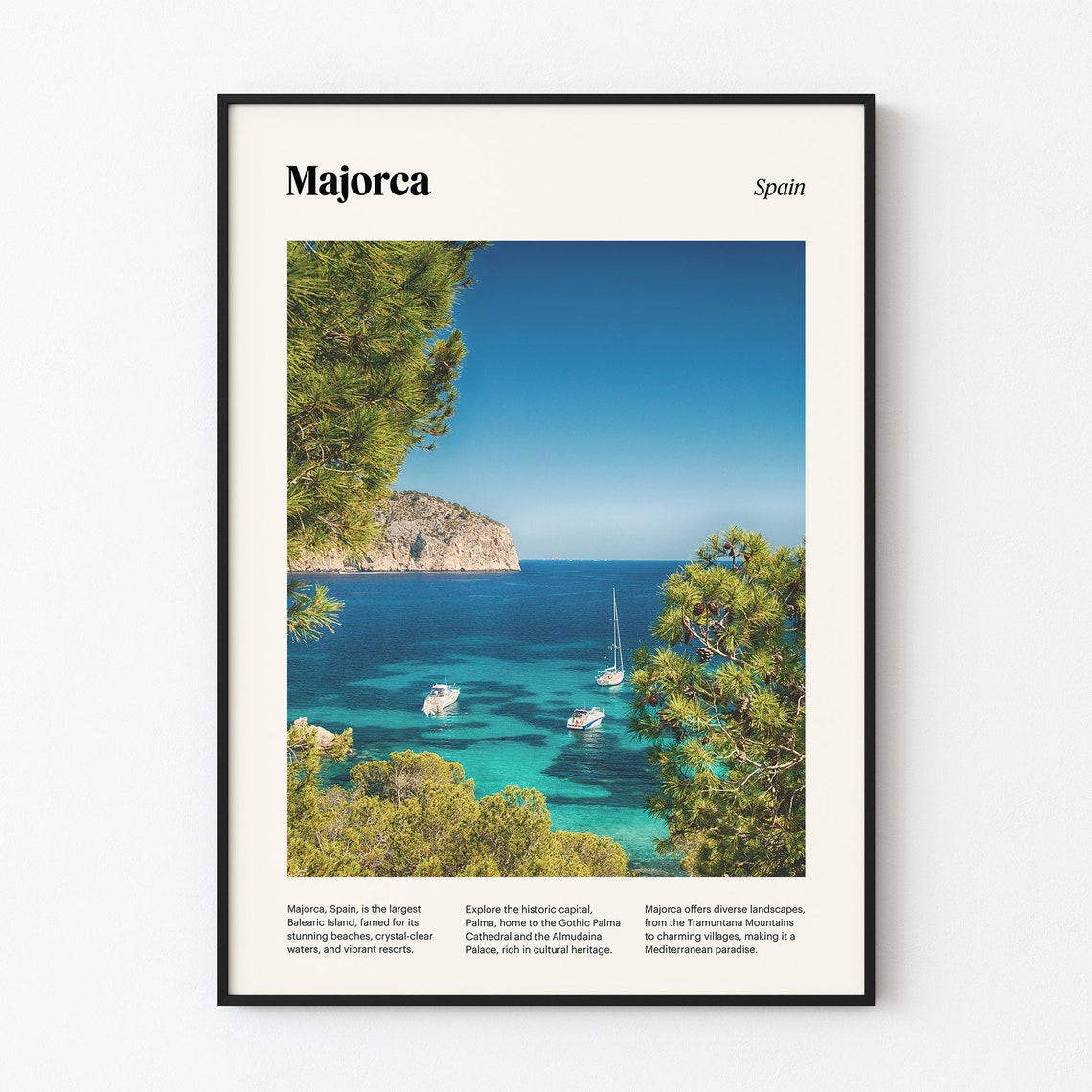 Majorca Spain Turquoise Cove Boats Pine Trees Island Scene Poster - Image 4