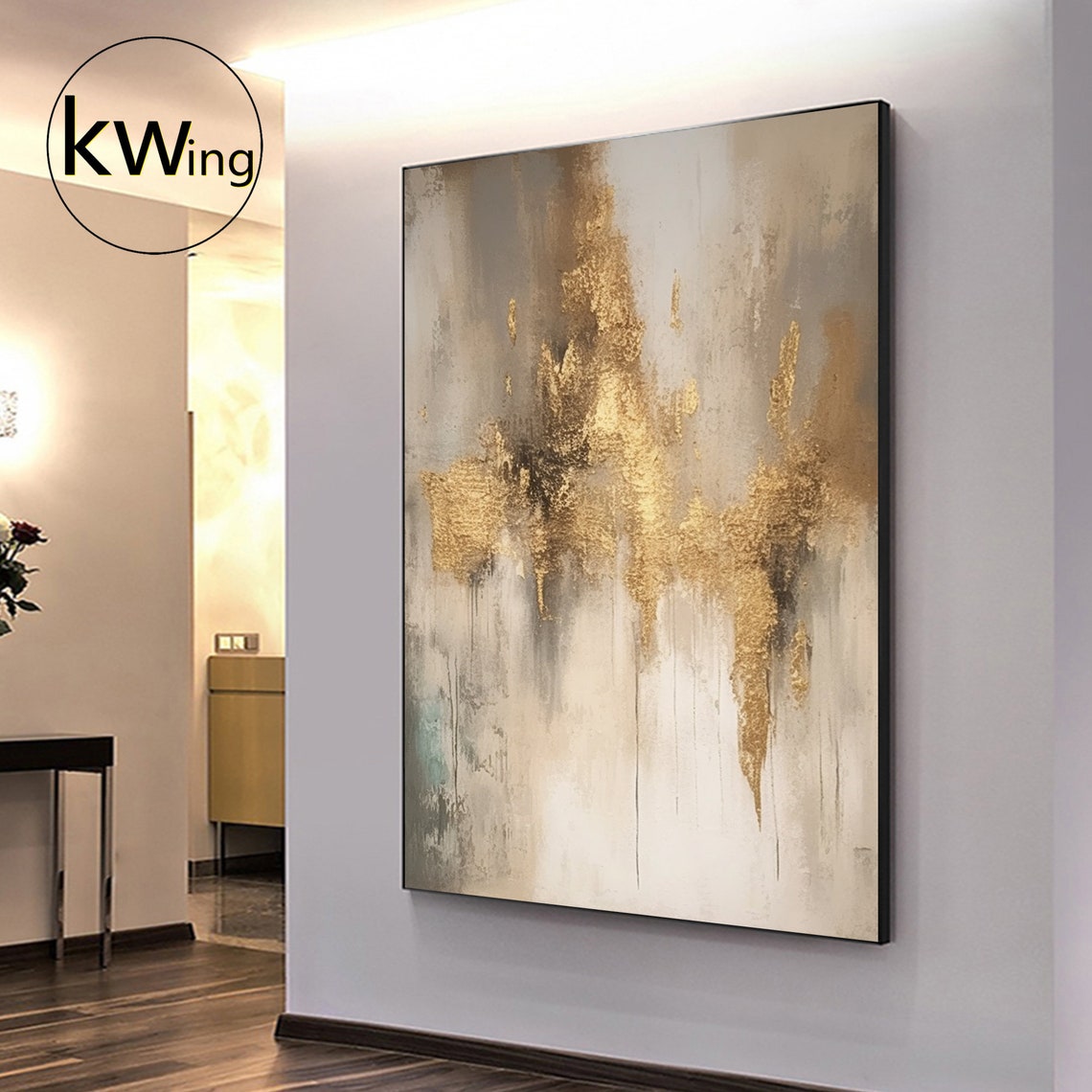 Beige Gold Leaf Abstract Painting Dripping Metallic Elegant Art Poster - Image 4