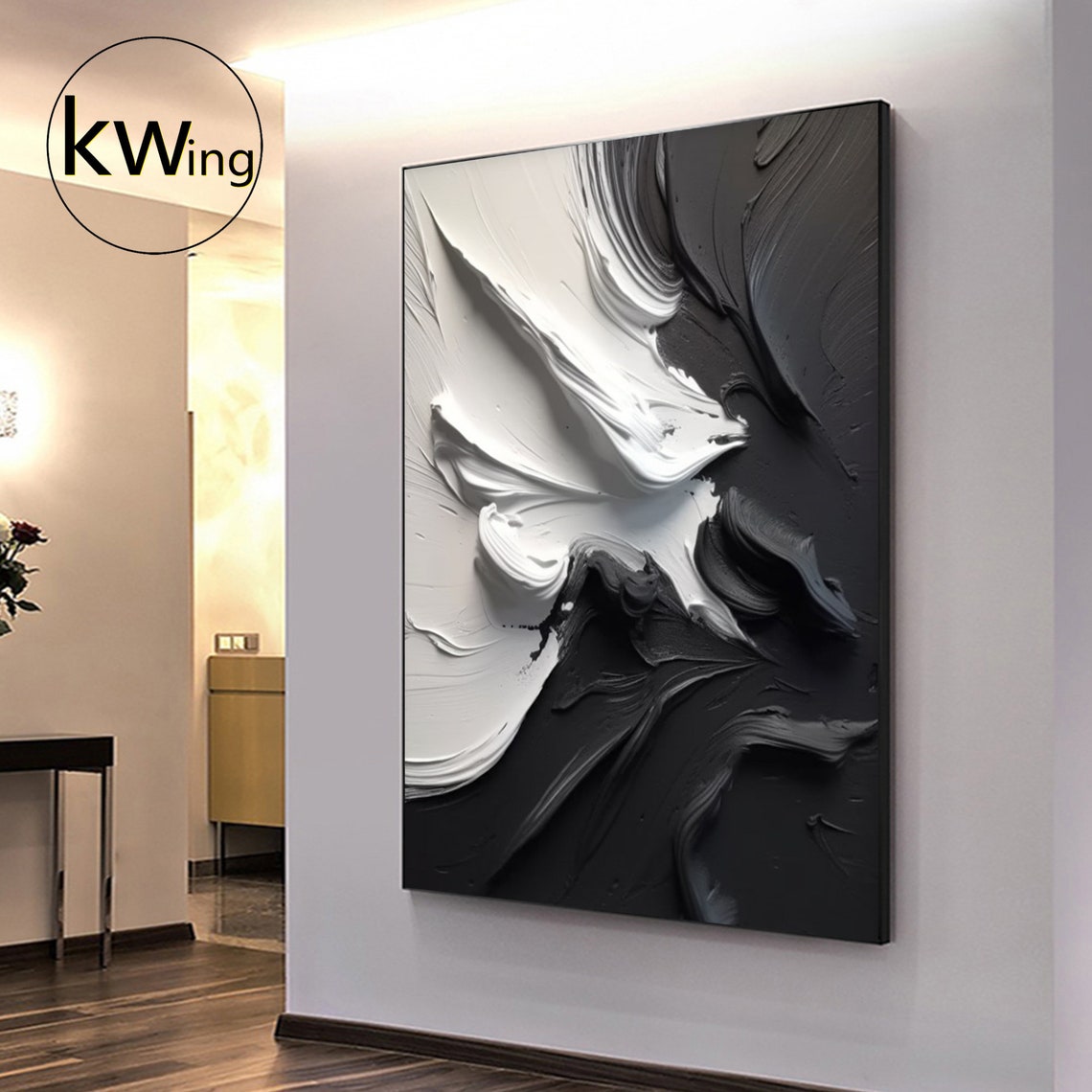 Black White Impasto Abstract Painting Soaring Bird Wave Modern Poster - Image 4