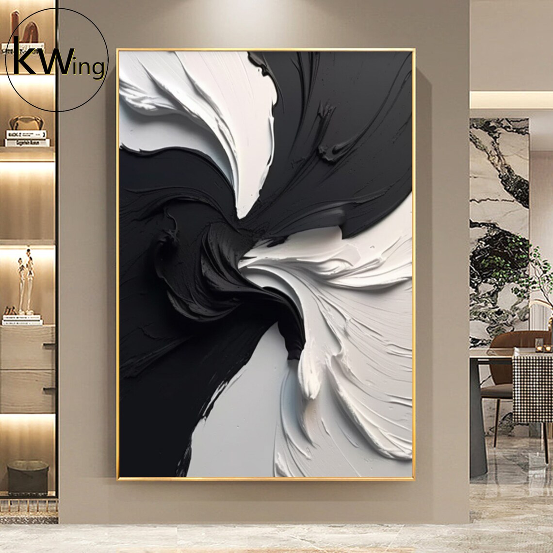 Black White Pinwheel Swirl Abstract 3D Texture Painting Art Poster - Image 2