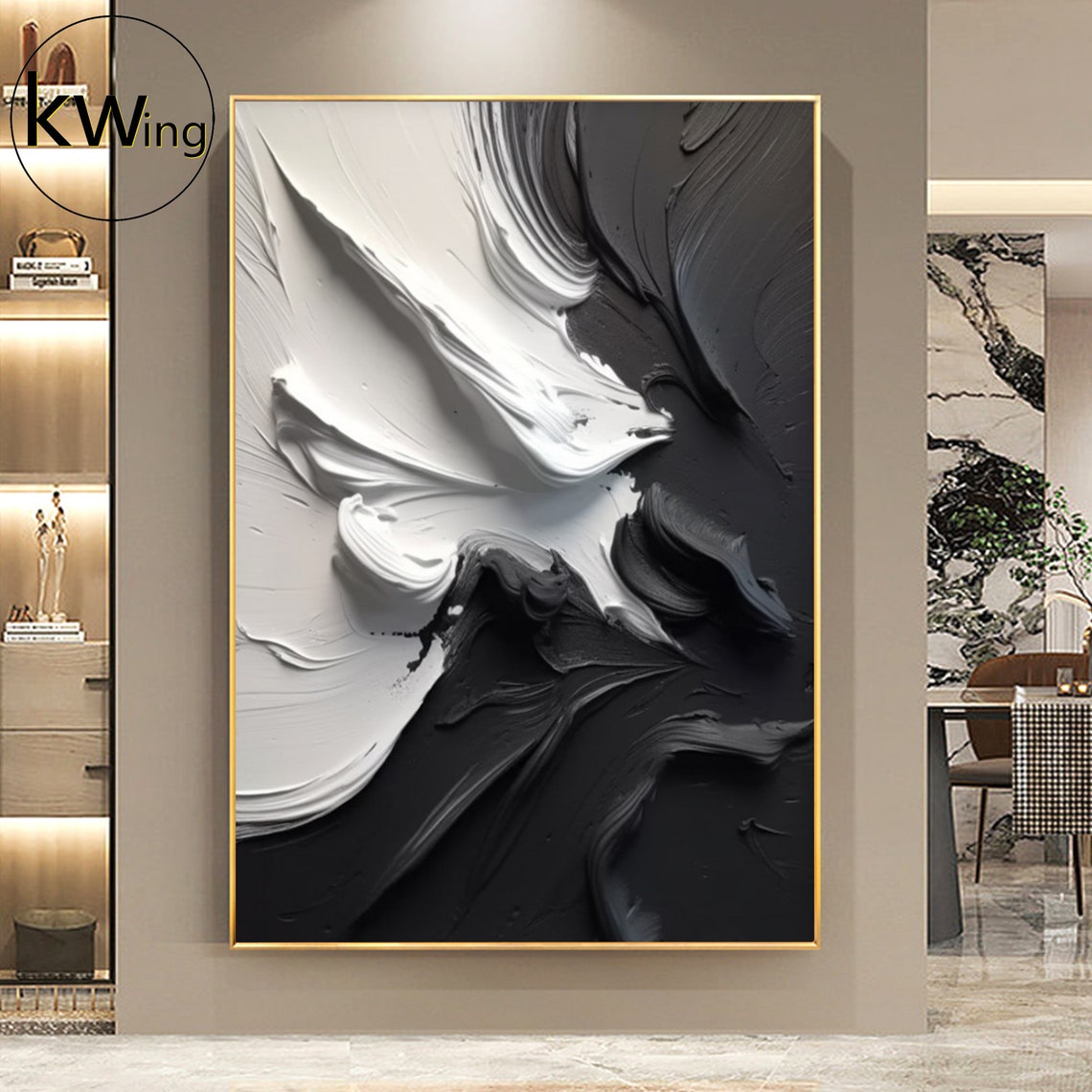 Black White Impasto Abstract Painting Soaring Bird Wave Modern Poster - Image 2