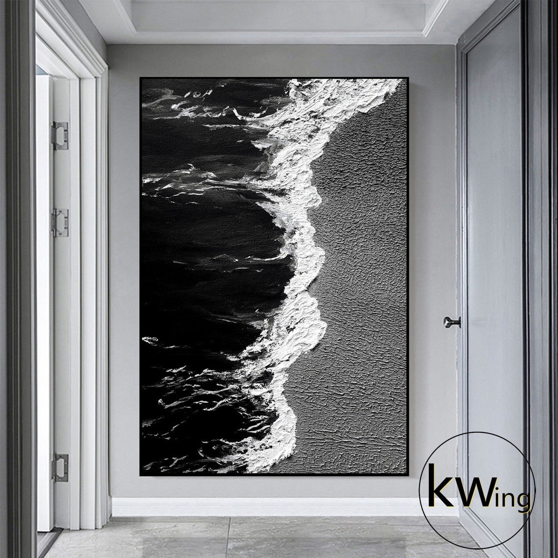 Black White Aerial Ocean Waves Abstract Textured Seascape Wall Poster - Image 2