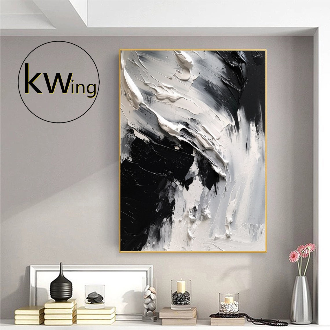 Black And White Abstract Texture Painting Thick Brushstroke Art Poster - Image 4